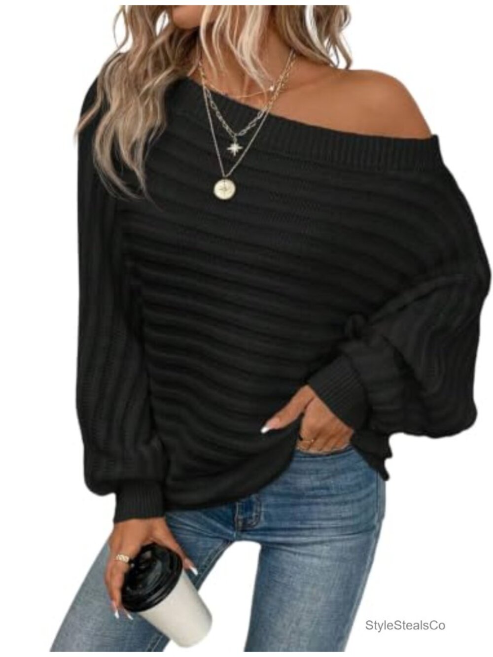 Off Shoulder Batwing Sleeve Oversized Knit Sweater